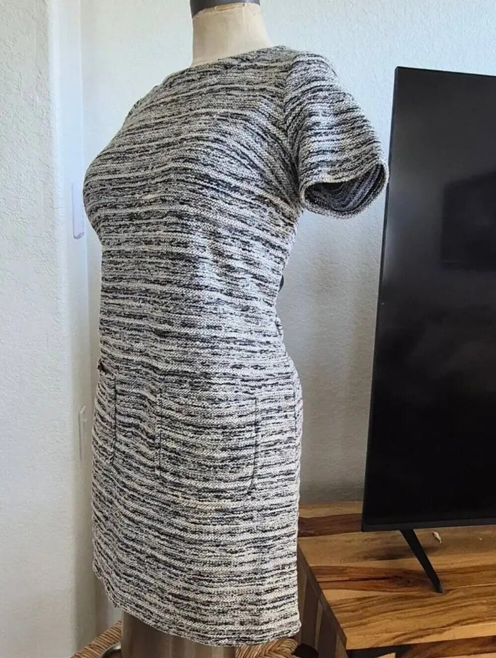Textured Tweed Black and White Gray Multi Color Knit Shift Dress